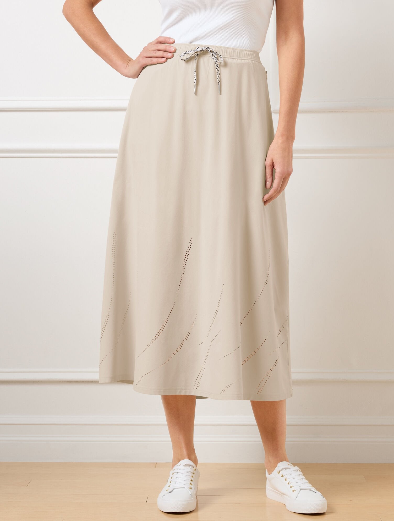 LIGHTWEIGHT WOVEN STRETCH MIDI SKIRT - LASER CUT | Talbots outlet