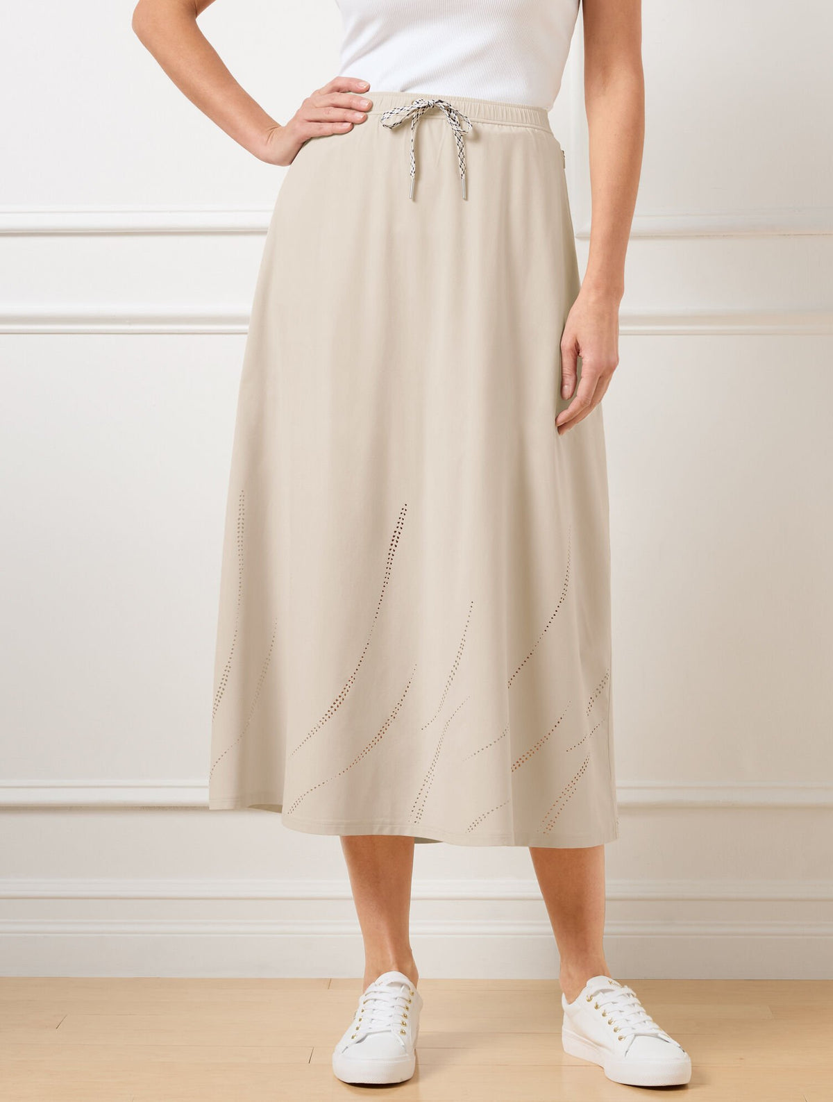 LIGHTWEIGHT WOVEN STRETCH MIDI SKIRT - LASER CUT | Talbots outlet