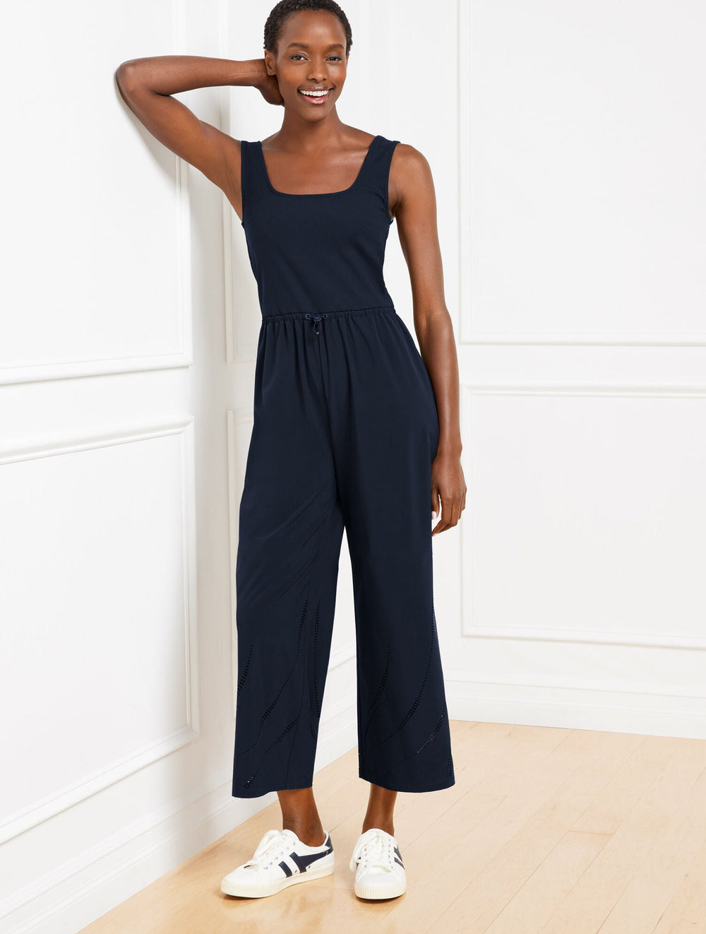 MIXED MEDIA SQUARE NECK JUMPSUIT | Talbots outlet