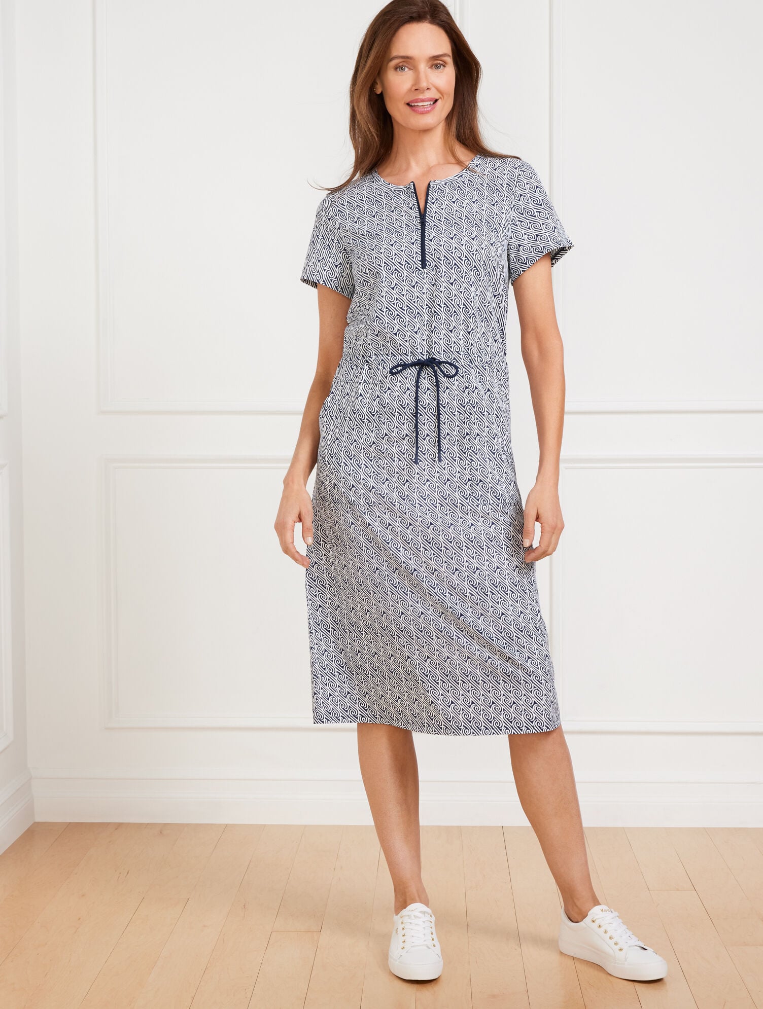 LIGHTWEIGHT WOVEN STRETCH DRAWSTRING WAIST DRESS - WATER SWIRLS | Talbots outlet