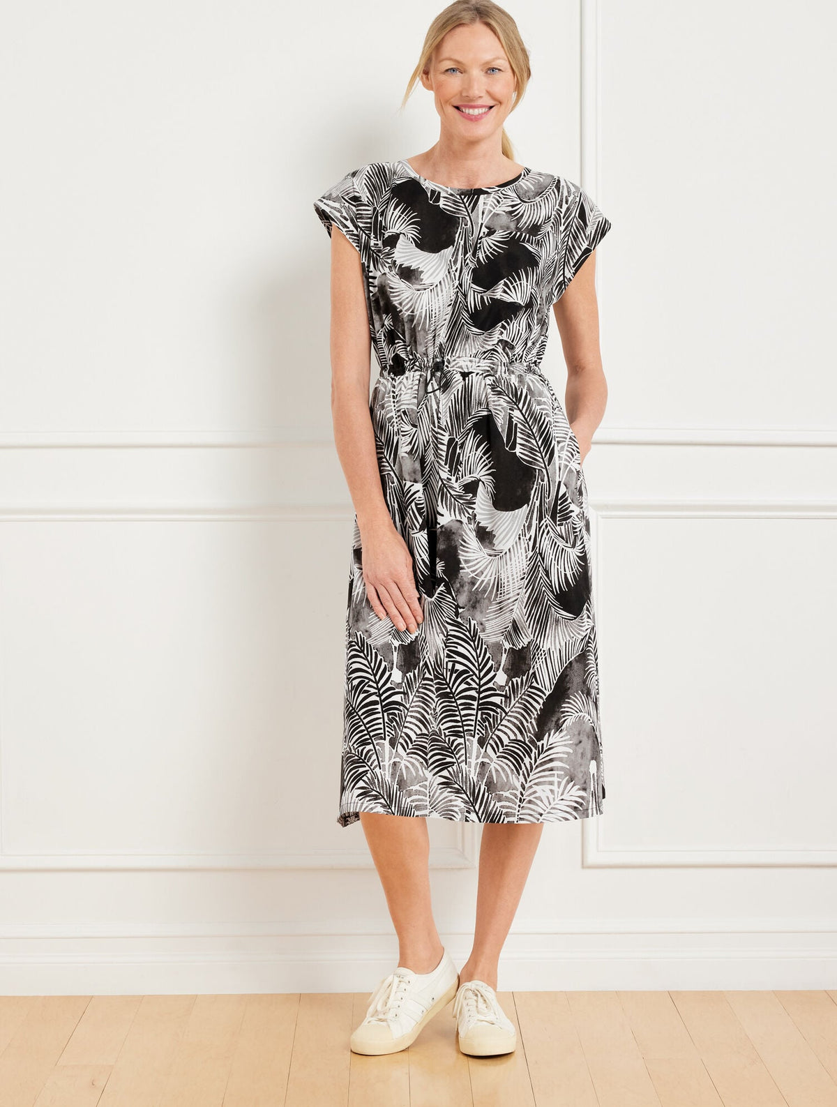 LIGHTWEIGHT WOVEN STRETCH MIDI DRESS - BREEZY PALMS | Talbots online