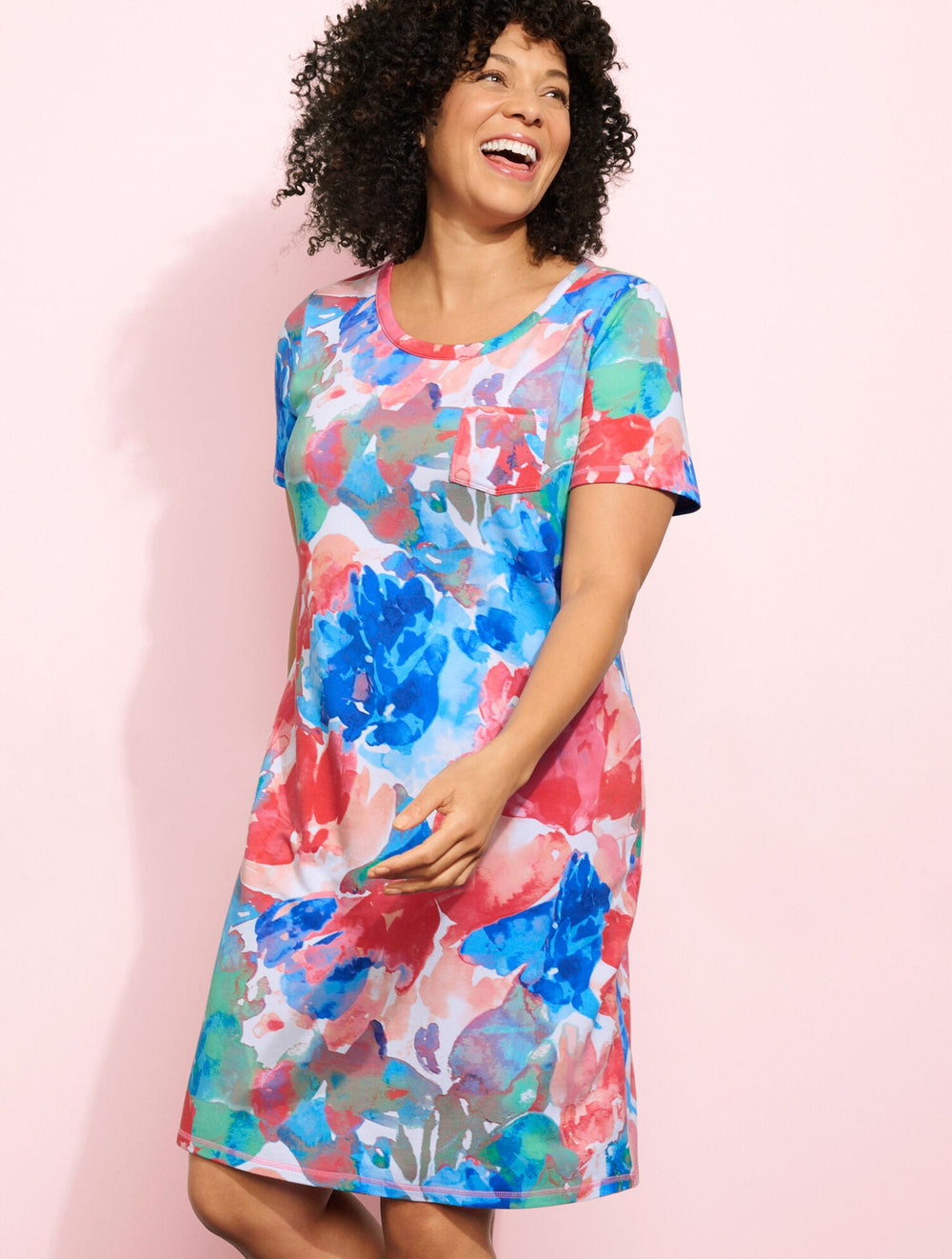 FRENCH TERRY T-SHIRT DRESS - PAINTED FLOWERS | Talbots US
