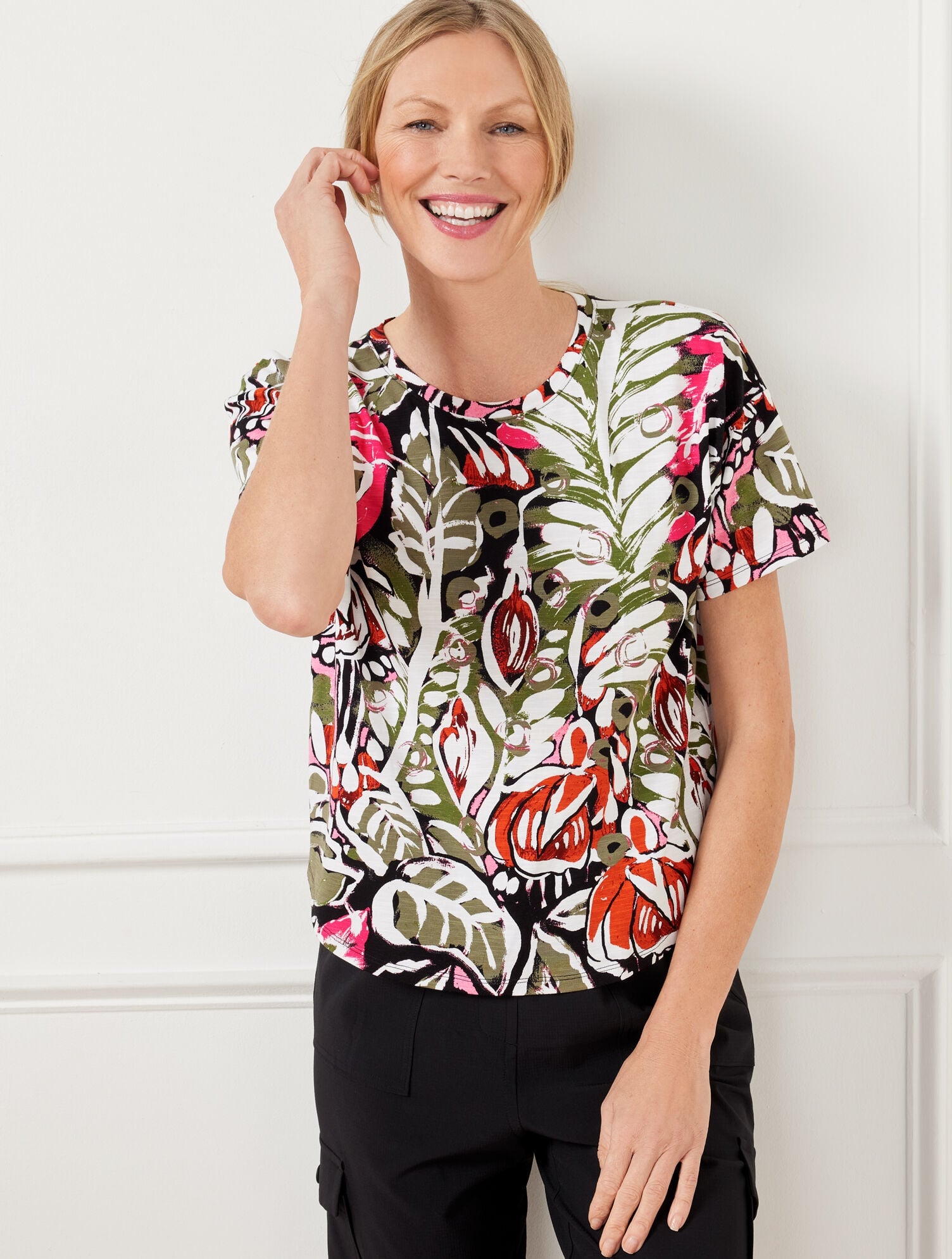PLEAT BACK SHORT SLEEVE TEE - ABSTRACT FOLIAGE | Talbots discount