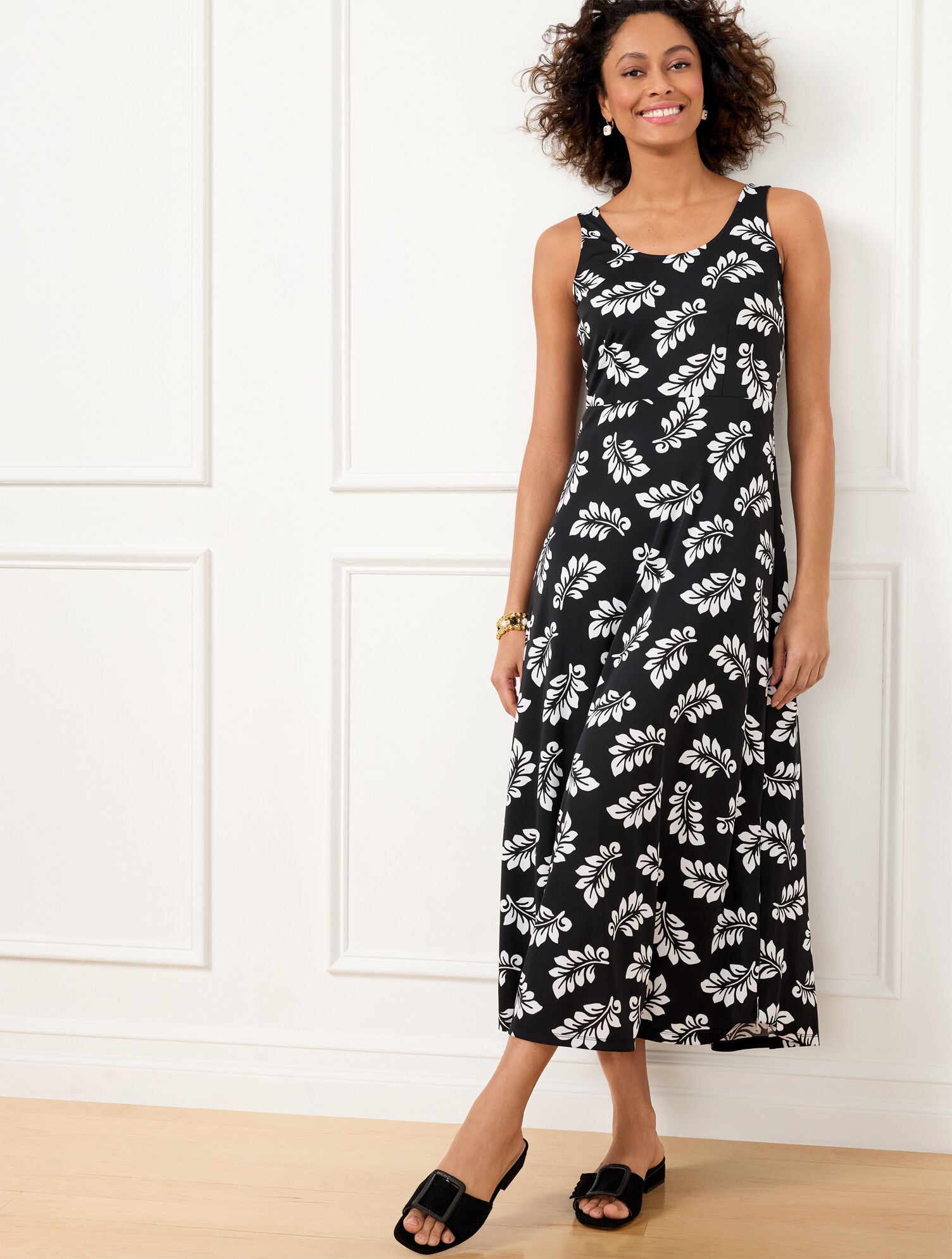 SLEEVELESS JERSEY MAXI DRESS - TOSSED FRONDS | Talbots online