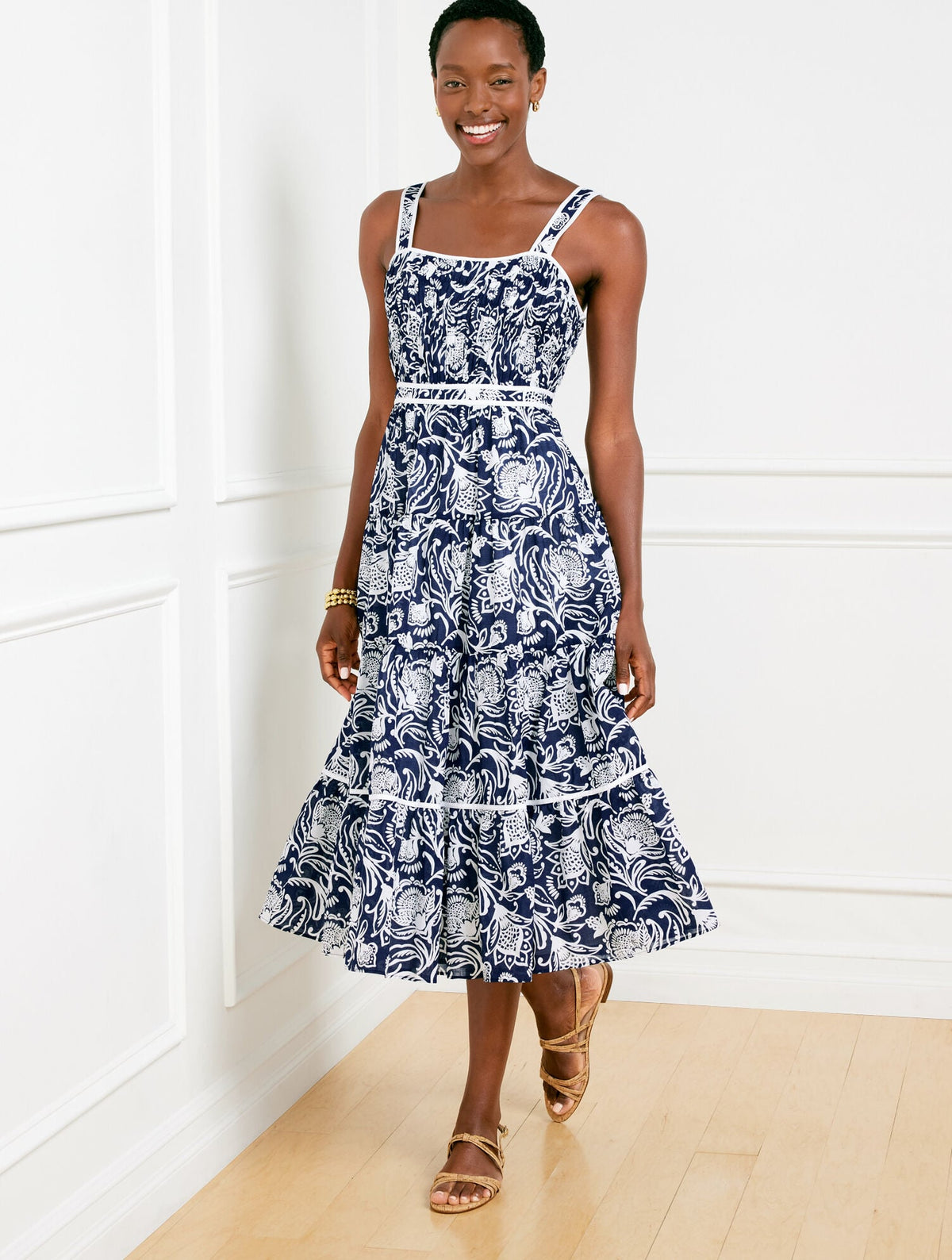 TIERED FIT & FLARE DRESS - DISTRESSED JACOBEAN | Talbots US