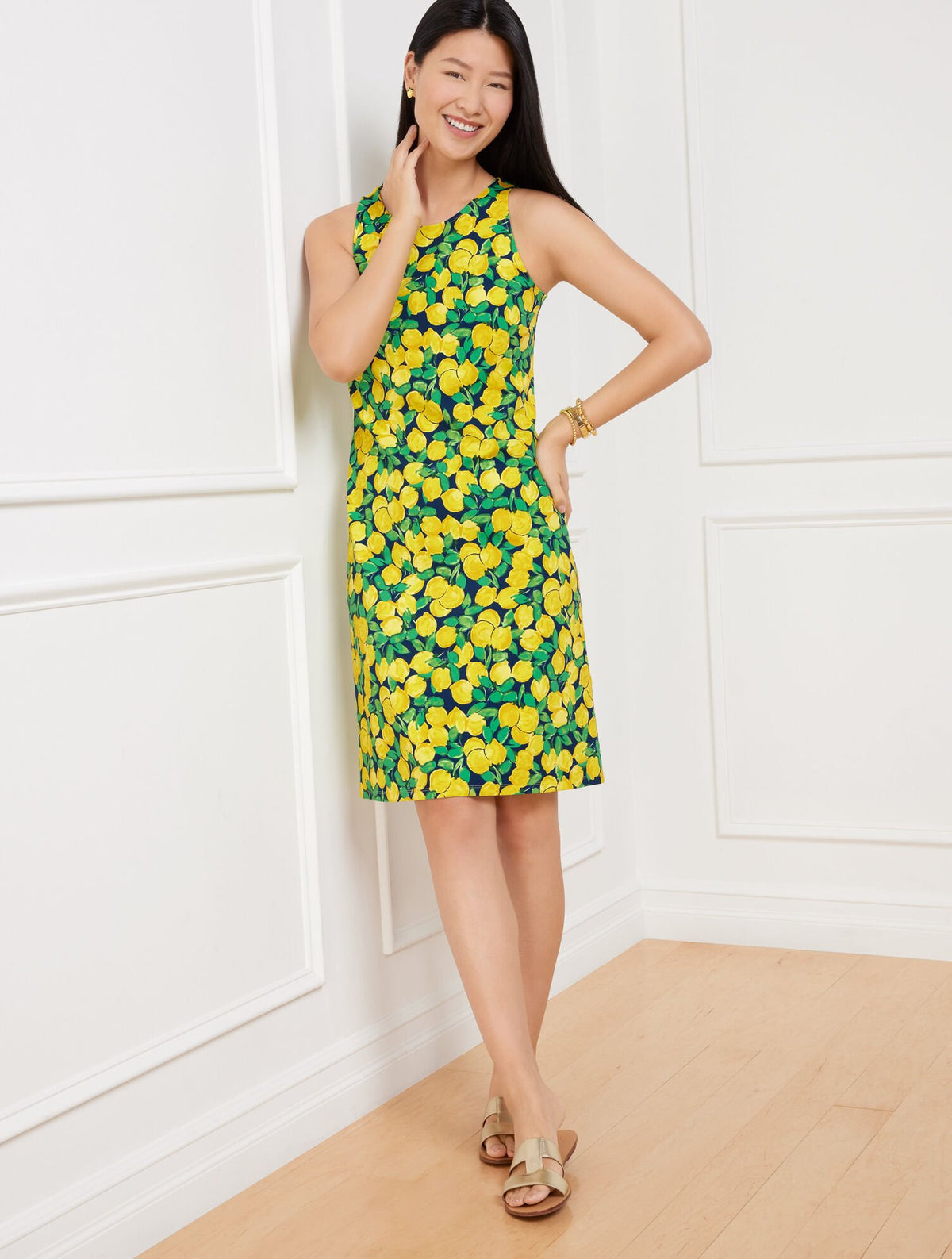 EFFORTLESS JERSEY SLEEVELESS SHIFT DRESS - LEMON BUNCHES | Talbots US