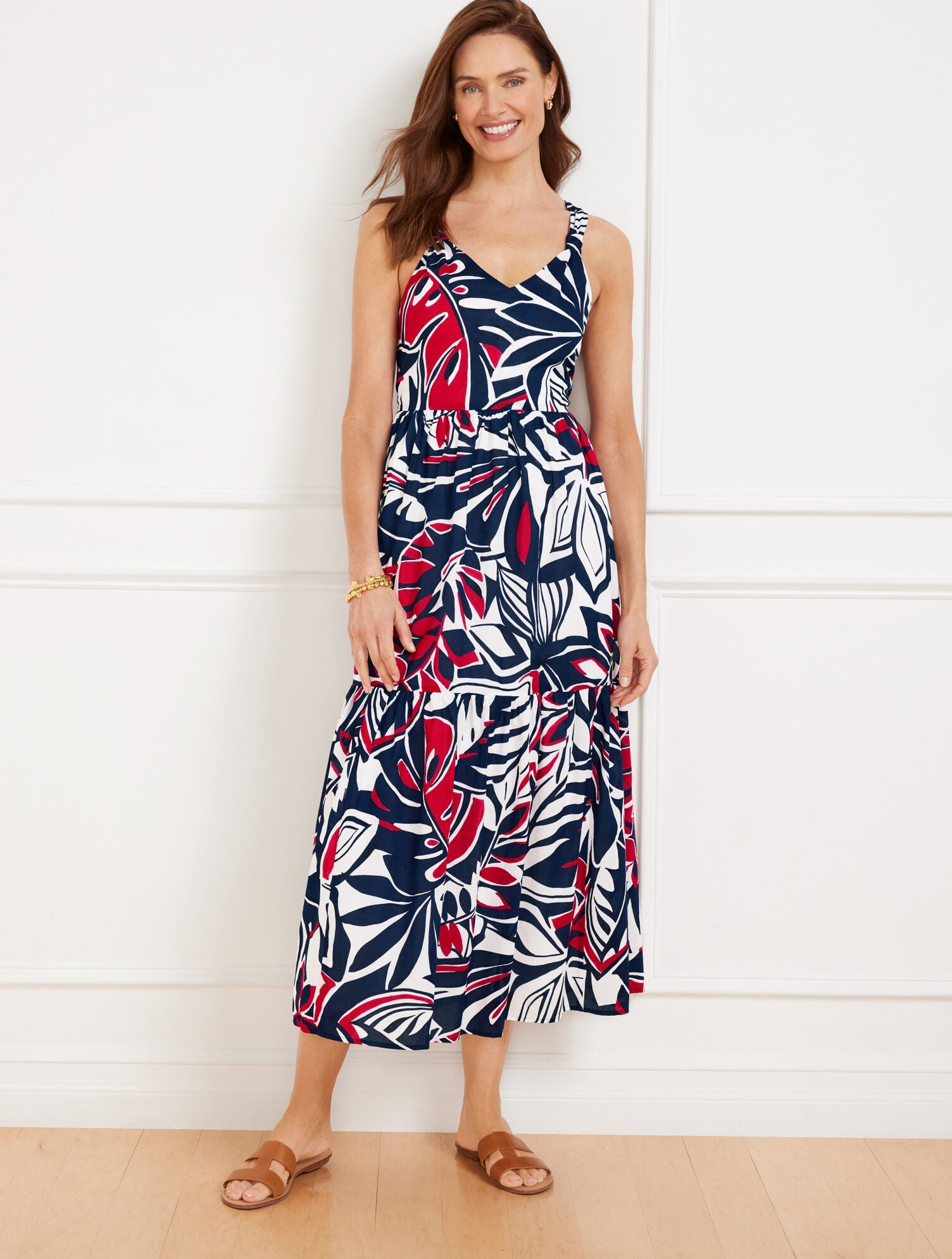 TIERED FIT & FLARE MIDI DRESS - EXPRESSIVE PALMS | Talbots outlet