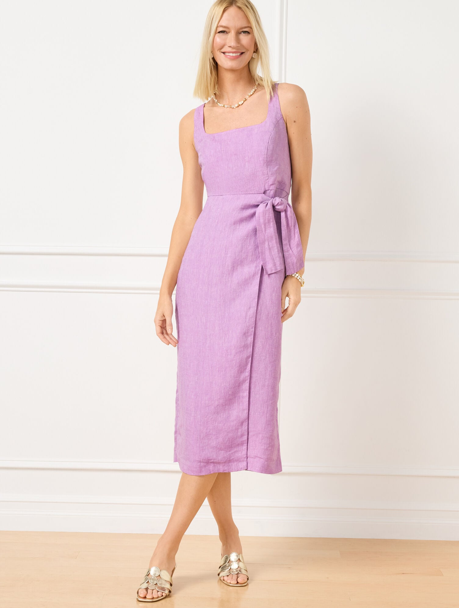 SQUARE NECK WRAP LINEN DRESS - CROSS DYED | Talbots online