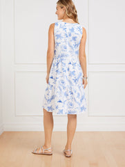 LINEN BLEND SWING DRESS - OCEAN FLORA | Talbots on sale