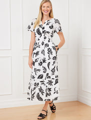 FLUTTER SLEEVE MIDI DRESS - SILHOUETTE PALMS | Talbots sale