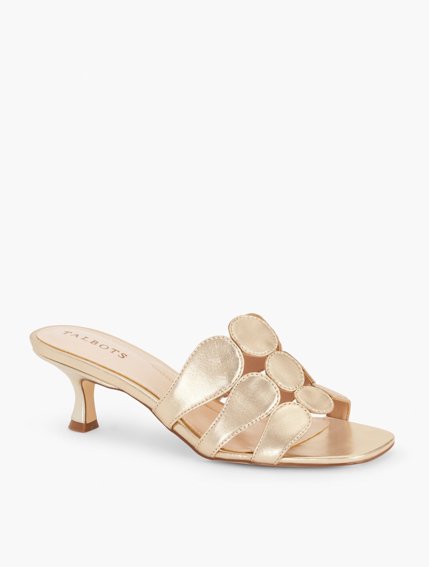 SABEL METALLIC NAPPA FLARE HEEL SANDALS | Talbots discount