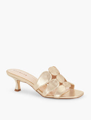 SABEL METALLIC NAPPA FLARE HEEL SANDALS | Talbots discount