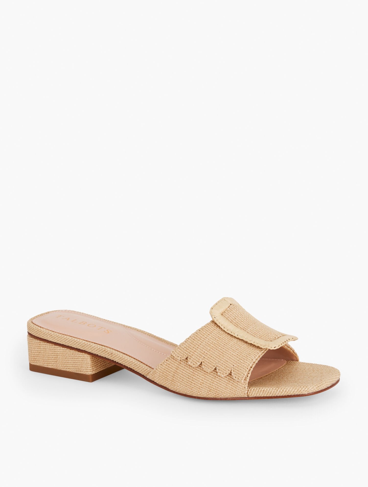 VIV BUCKLE RAFFIA SLIDES | Talbots discount