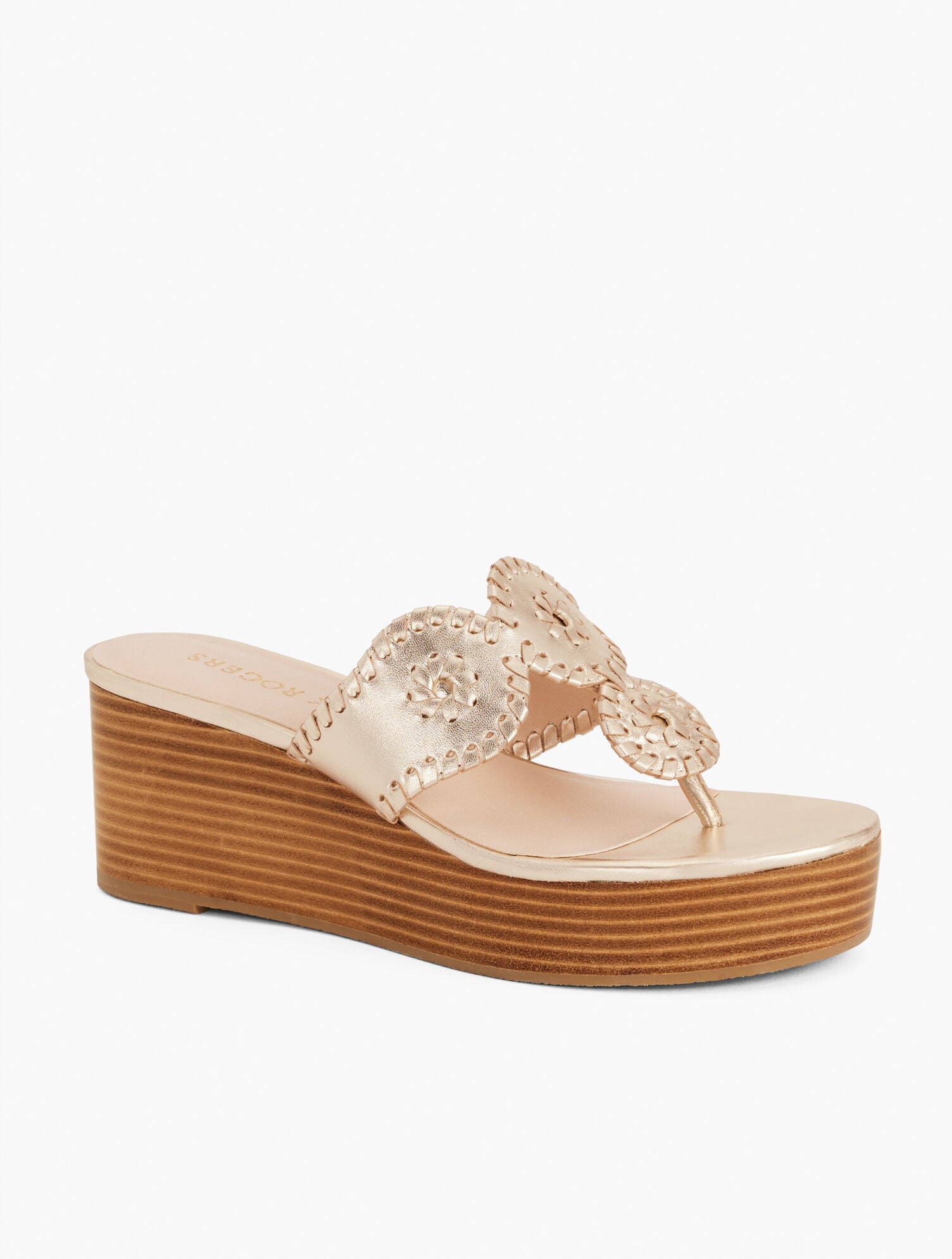 JACK ROGERS® KIMBERLY METALLIC NAPPA WEDGE SANDALS | Talbots for sale