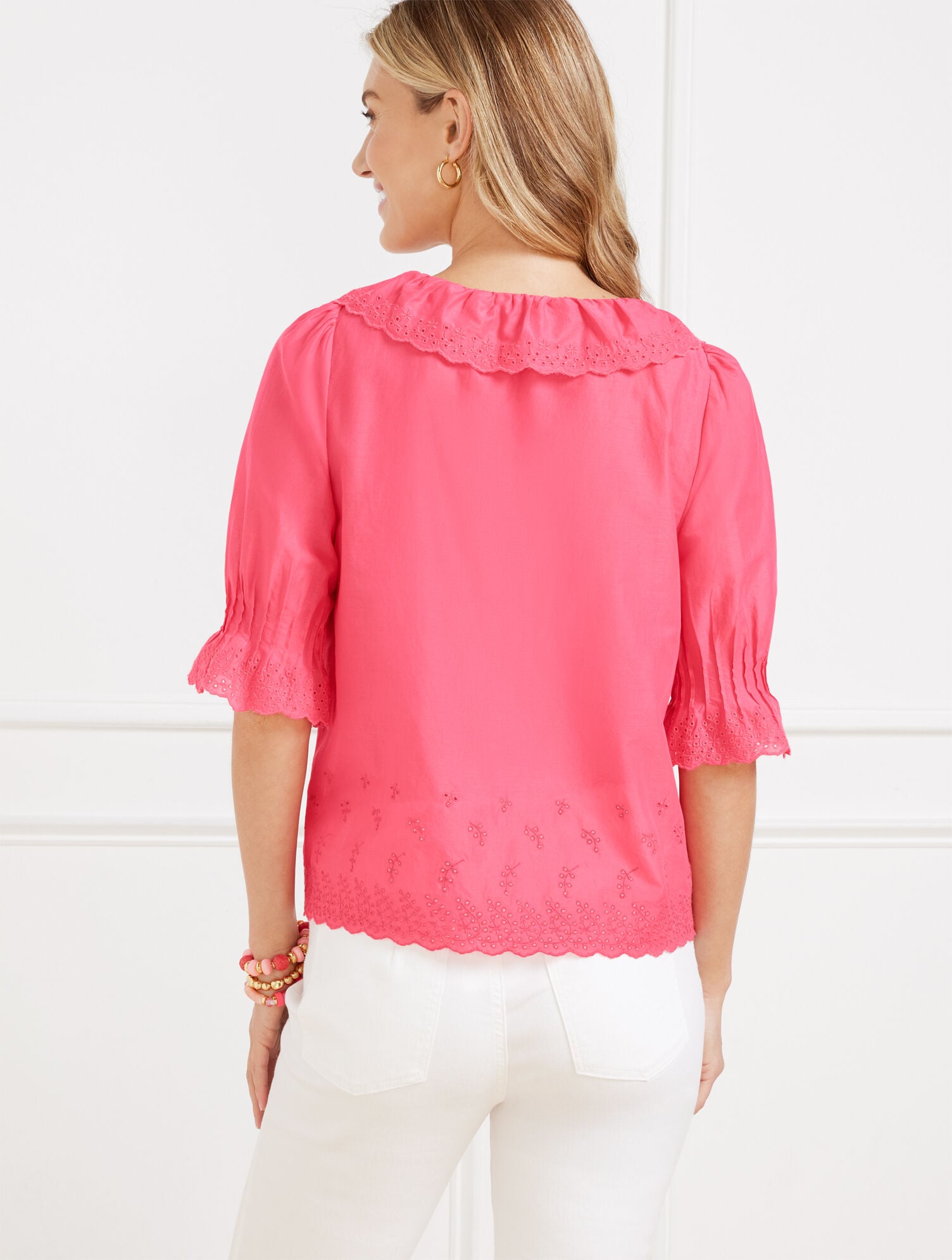 EMBROIDERED EYELET RUFFLE TOP | Talbots online