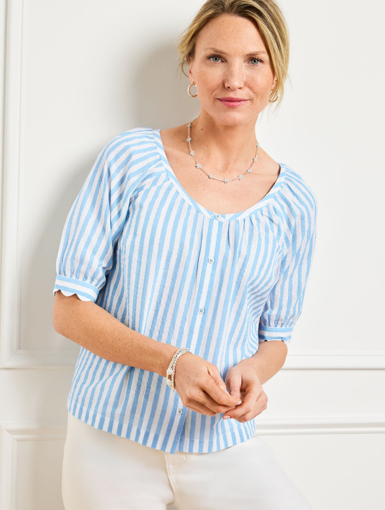 METALLIC BUTTON FRONT TOP - DELIGHTFUL STRIPE | Talbots discount