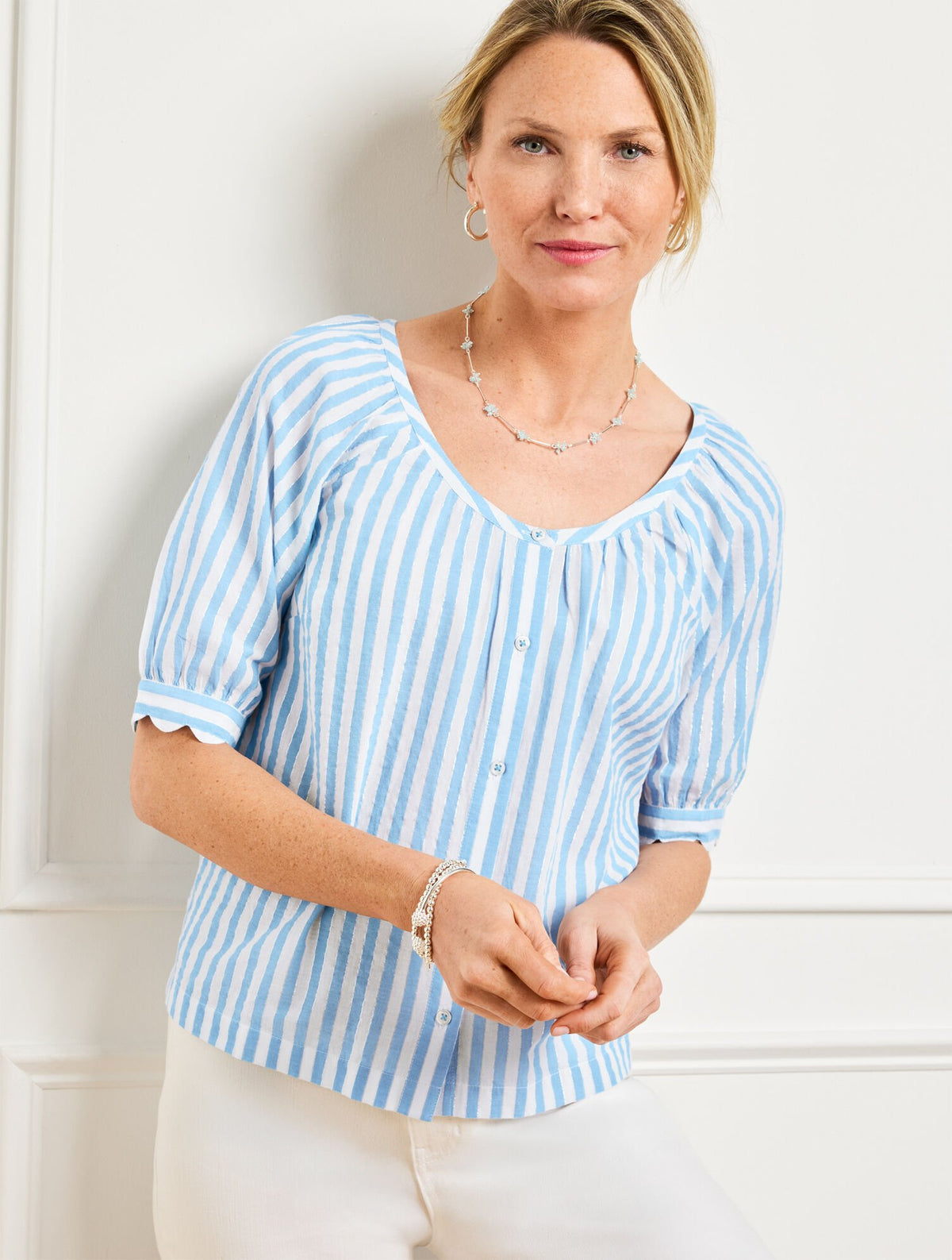 METALLIC BUTTON FRONT TOP - DELIGHTFUL STRIPE | Talbots discount