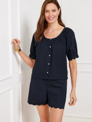 SCALLOP CUFF LINEN COTTON TOP | Talbots sale