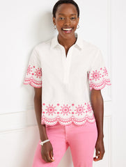 EMBROIDERED LINEN COTTON SHORT SHIRT - SCALLOP MEDALLION | Talbots sale