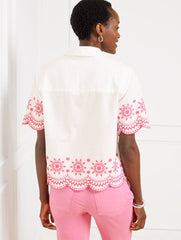 EMBROIDERED LINEN COTTON SHORT SHIRT - SCALLOP MEDALLION | Talbots sale