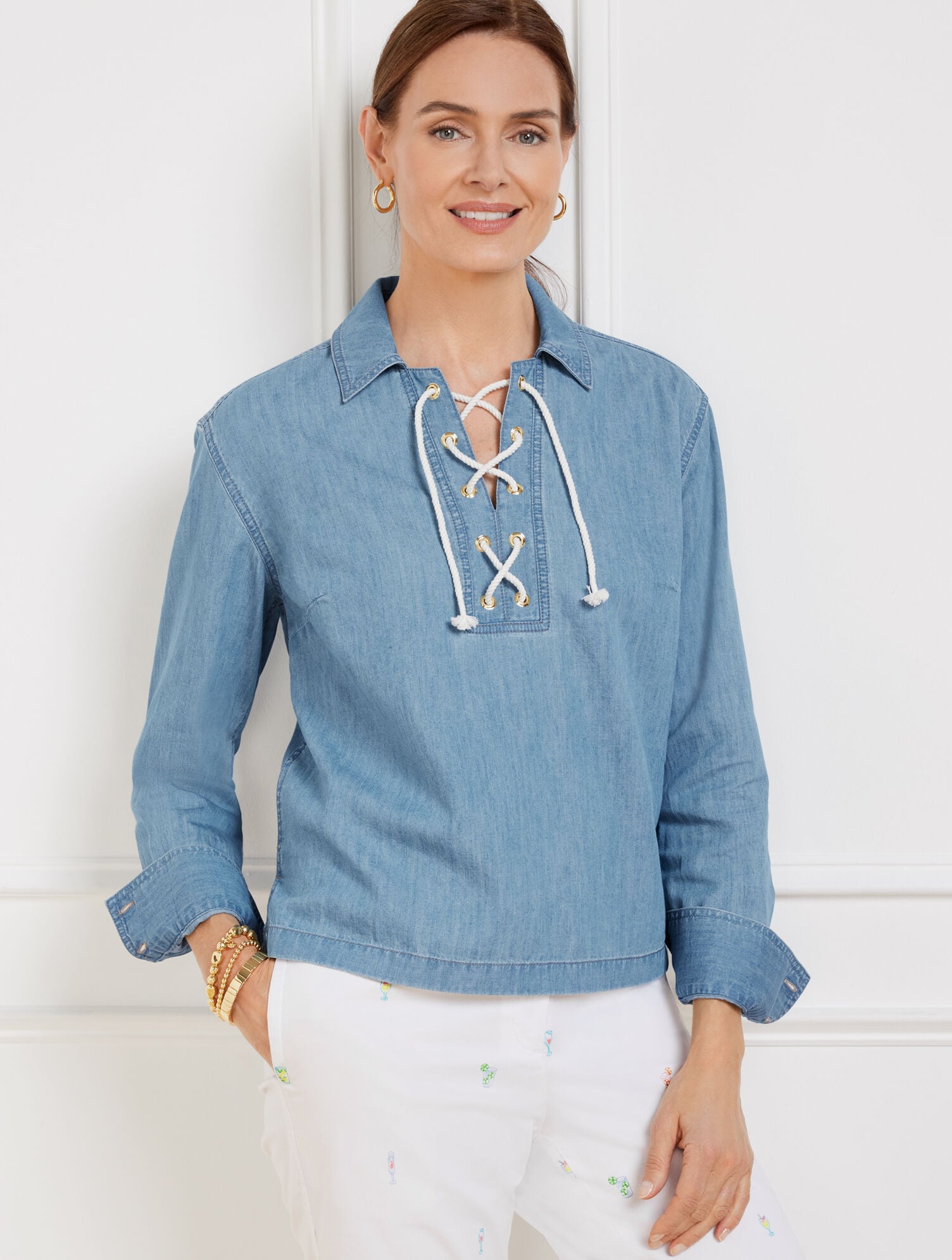 LACE UP DENIM TOP - AMALFI WASH | Talbots sale