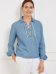 LACE UP DENIM TOP - AMALFI WASH | Talbots sale