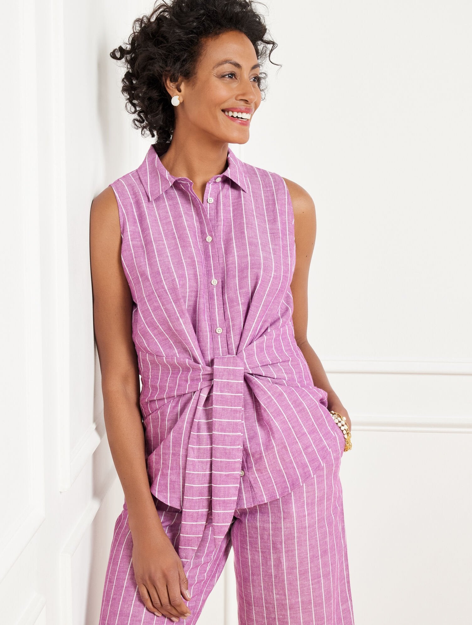 TIE FRONT LINEN SHELL - RIVIERA STRIPE | Talbots discount