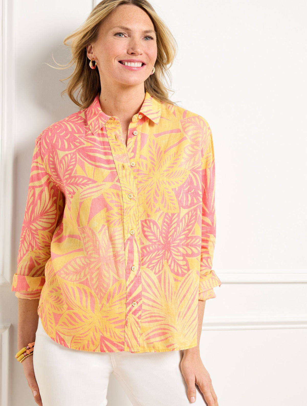 LINEN SHORT SHIRT - WATERCOLOR BOTANICAL | Talbots outlet