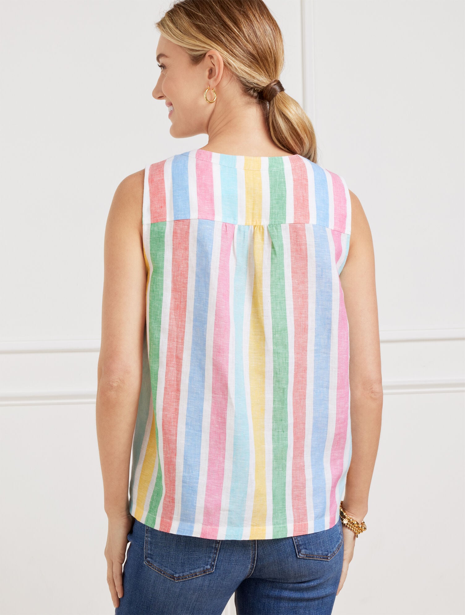 LINEN BAND COLLAR SHELL - PRISMATIC STRIPE | Talbots online