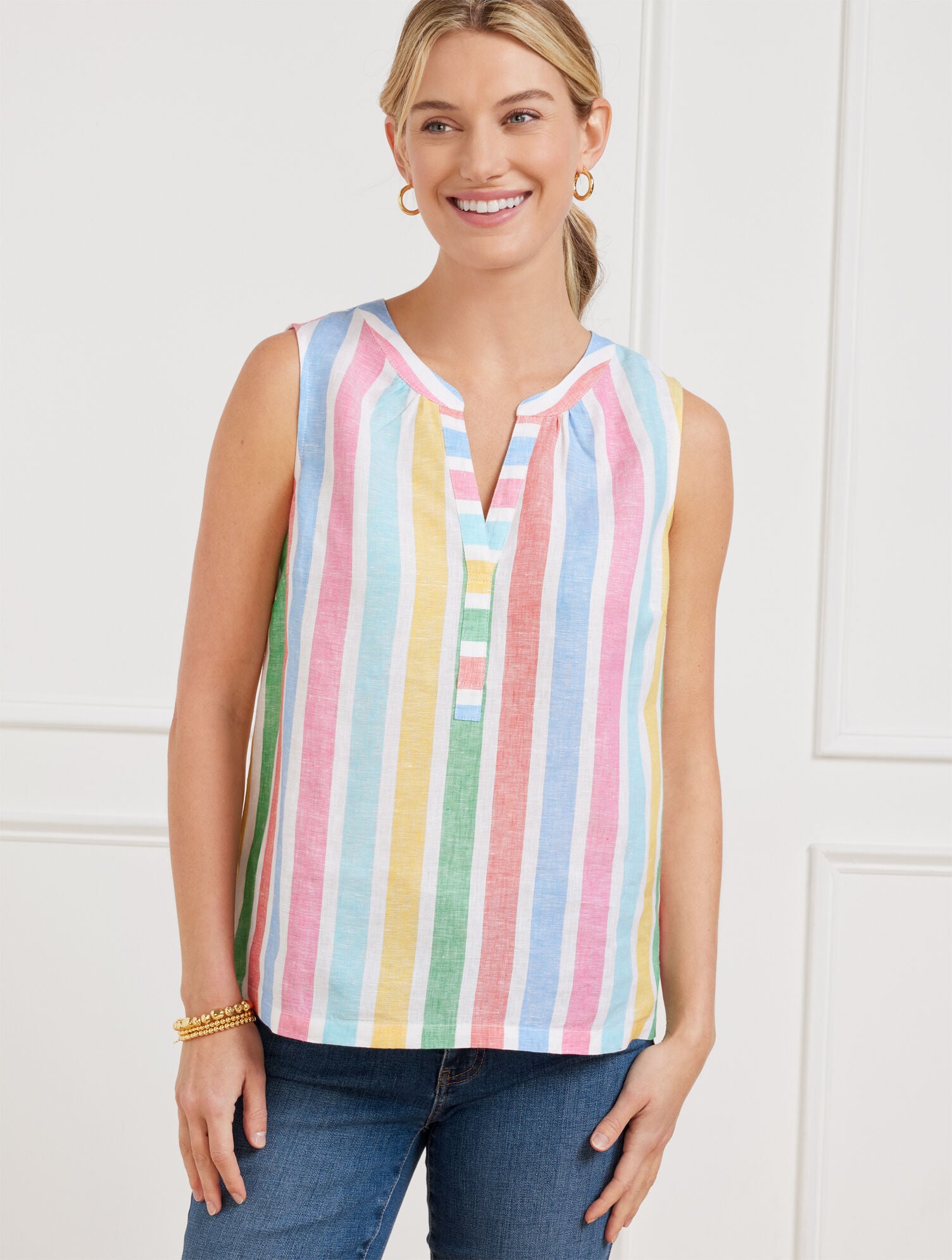 LINEN BAND COLLAR SHELL - PRISMATIC STRIPE | Talbots online