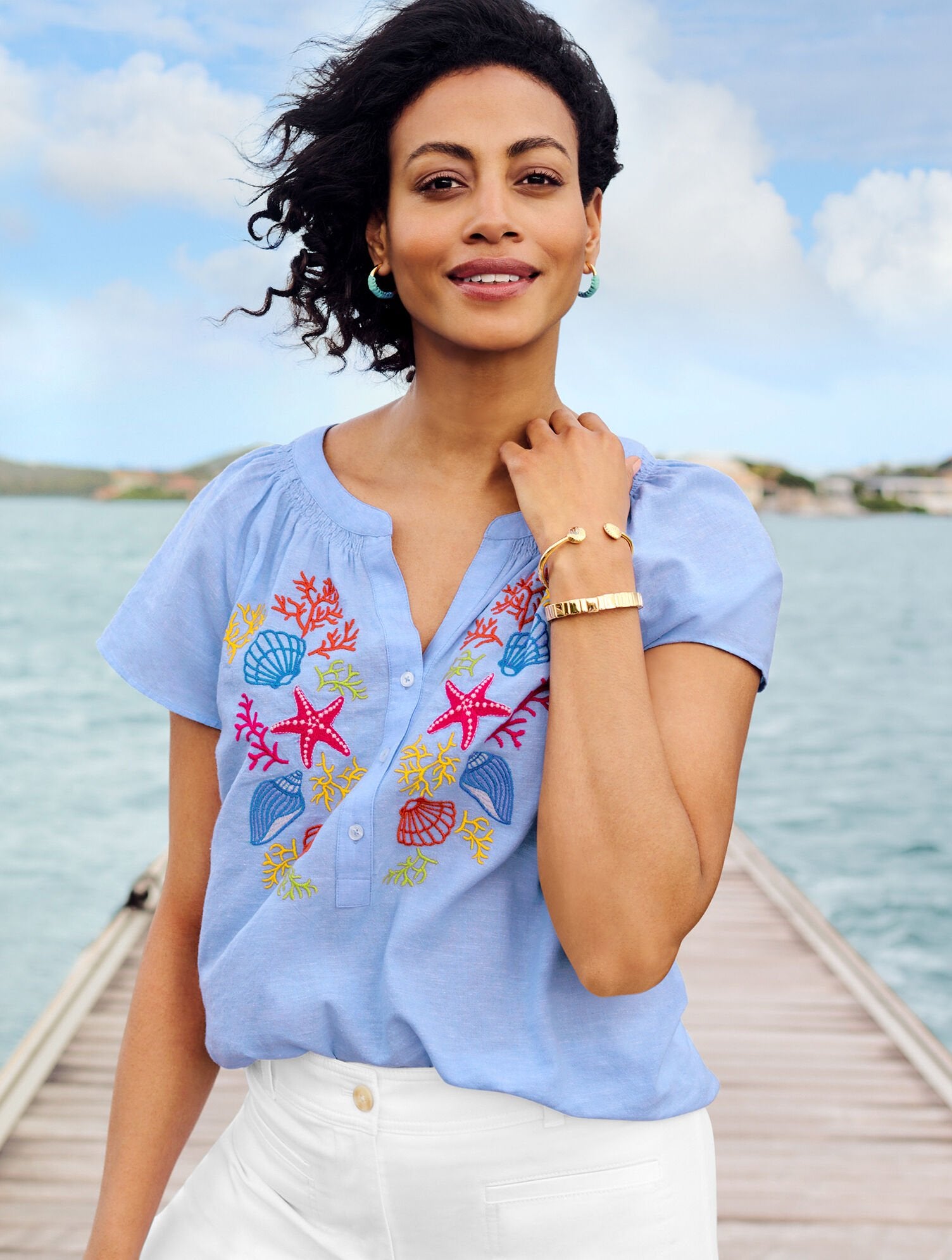 LINEN COTTON TOP - EMBROIDERED SEASHELL | Talbots online