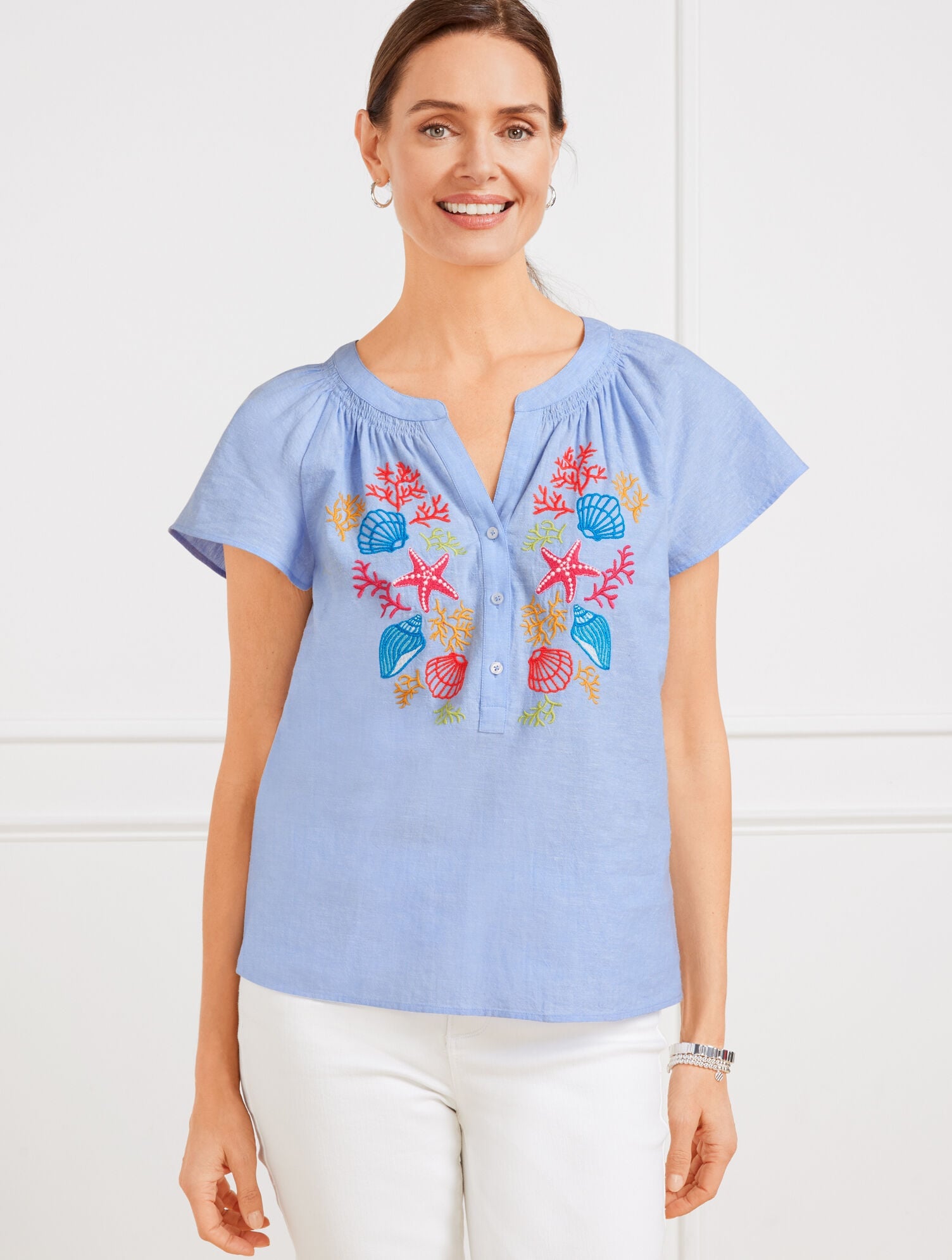 LINEN COTTON TOP - EMBROIDERED SEASHELL | Talbots online