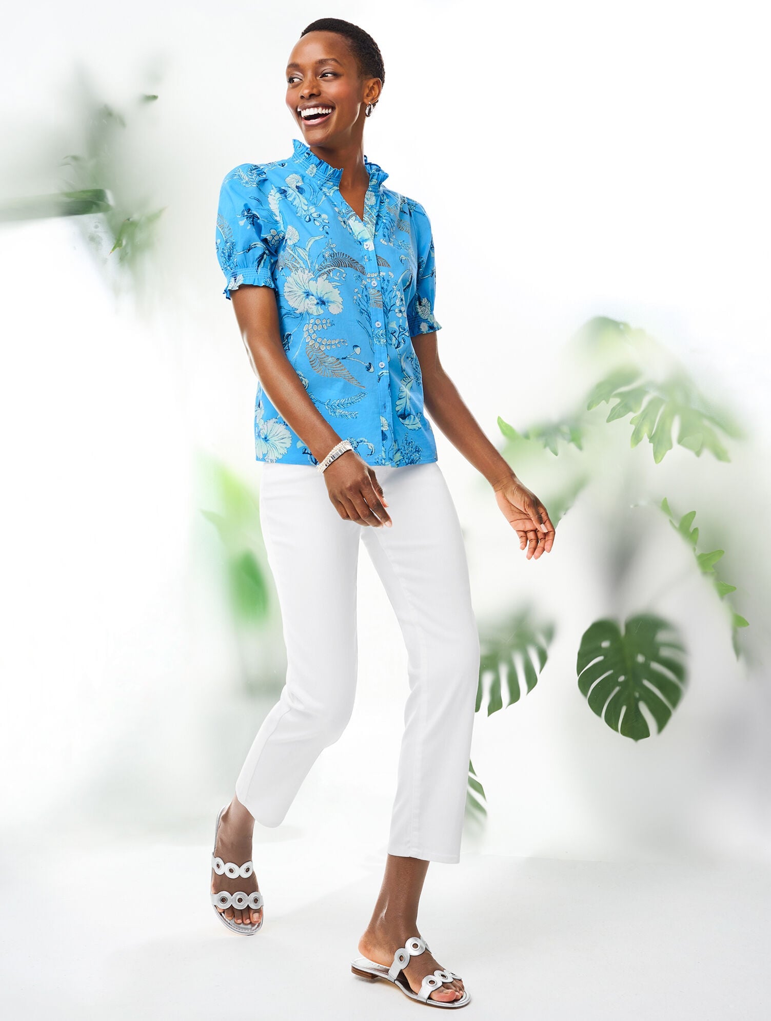 SMOCKED SLEEVE TOP - LEAFY GARDEN | Talbots sale
