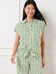 TIE HEM BUTTON FRONT LINEN TOP - PRETTY MEDALLION | Talbots online