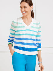 OPEN STITCH V-NECK PULLOVER - MULTI STRIPE | Talbots on sale