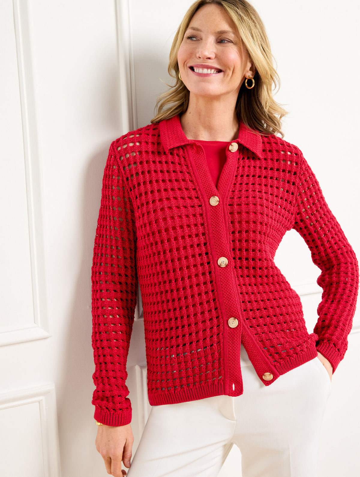 OPEN STITCH POLO CARDIGAN | Talbots US