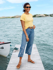 HIGH WAIST WIDE CROP EMBROIDERED JEANS - LACEY WASH | Talbots online