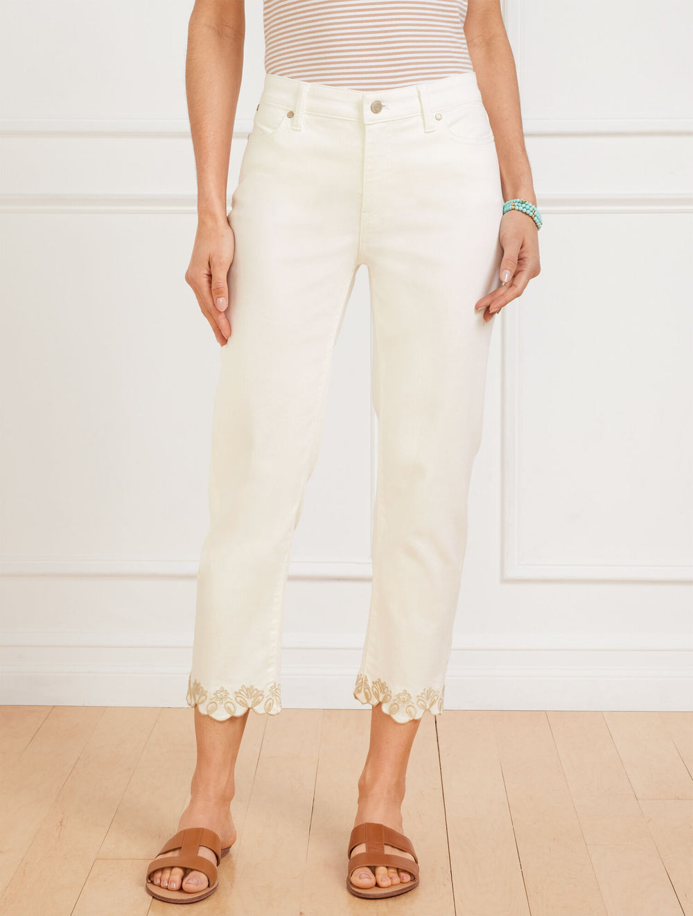 STRAIGHT CROP SCALLOP HEM JEANS - IVORY | Talbots sale