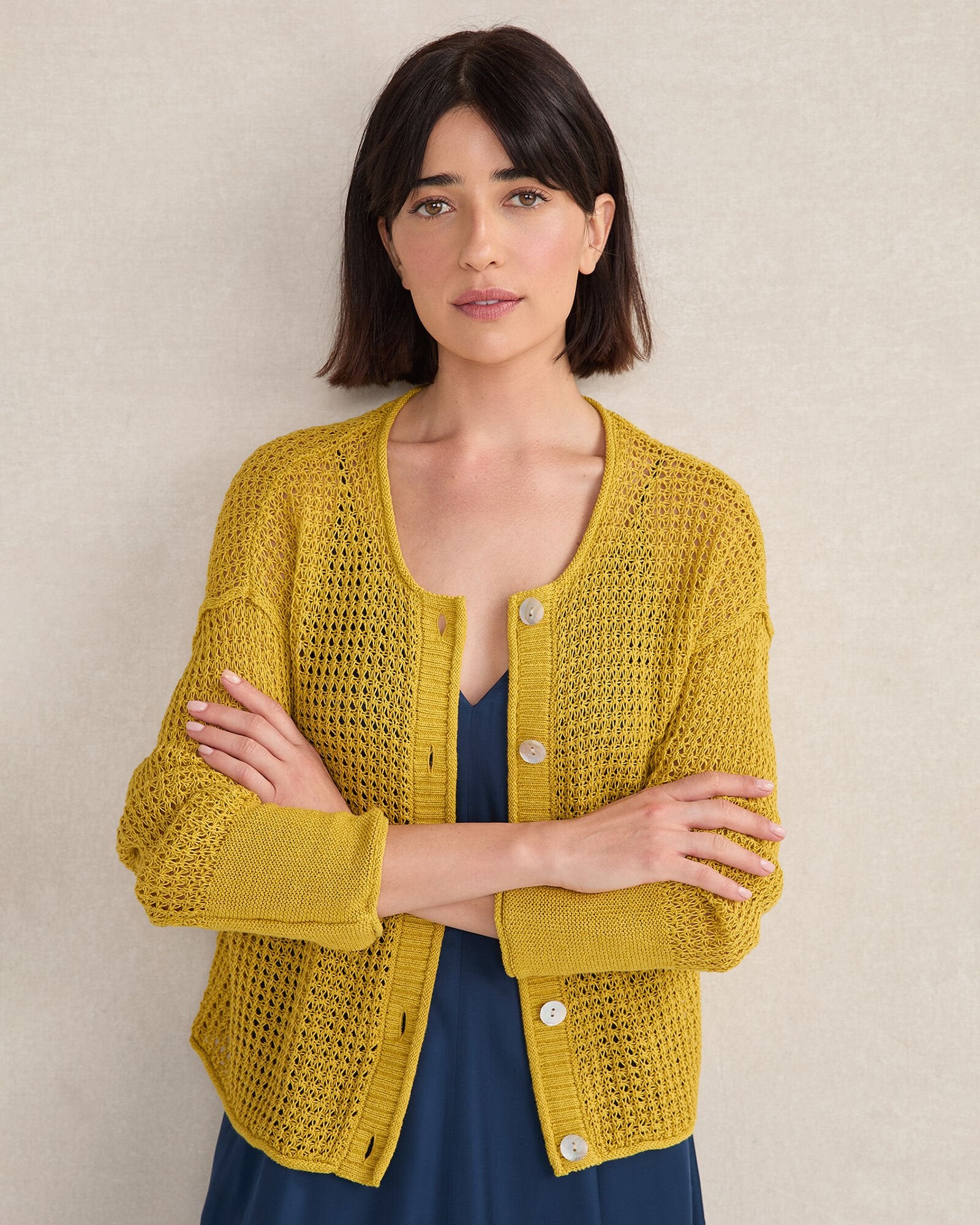 ORGANIC COTTON LINEN OPEN STITCH CARDIGAN | Talbots for sale