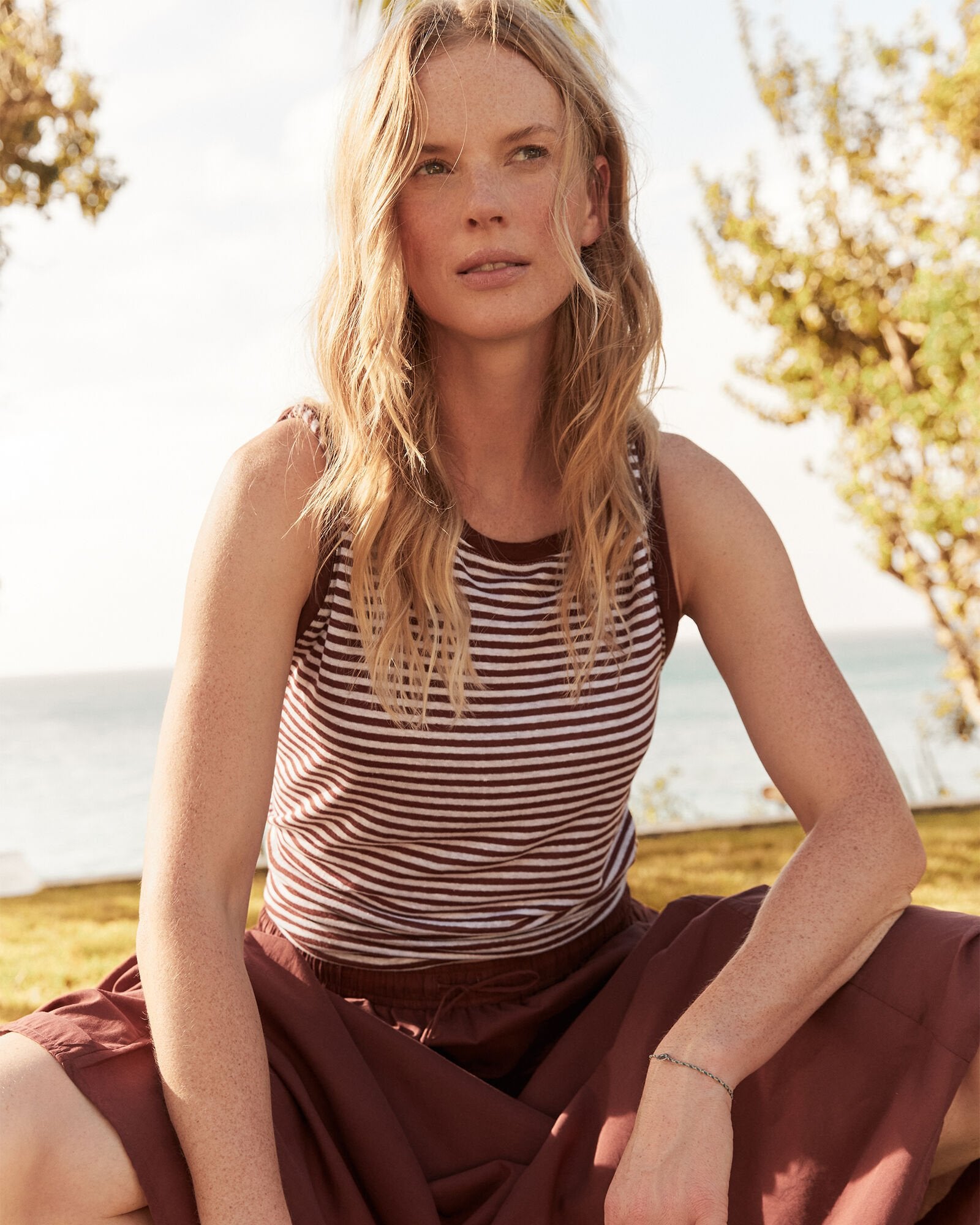 LINEN STRIPE CREWNECK TANK | Talbots outlet