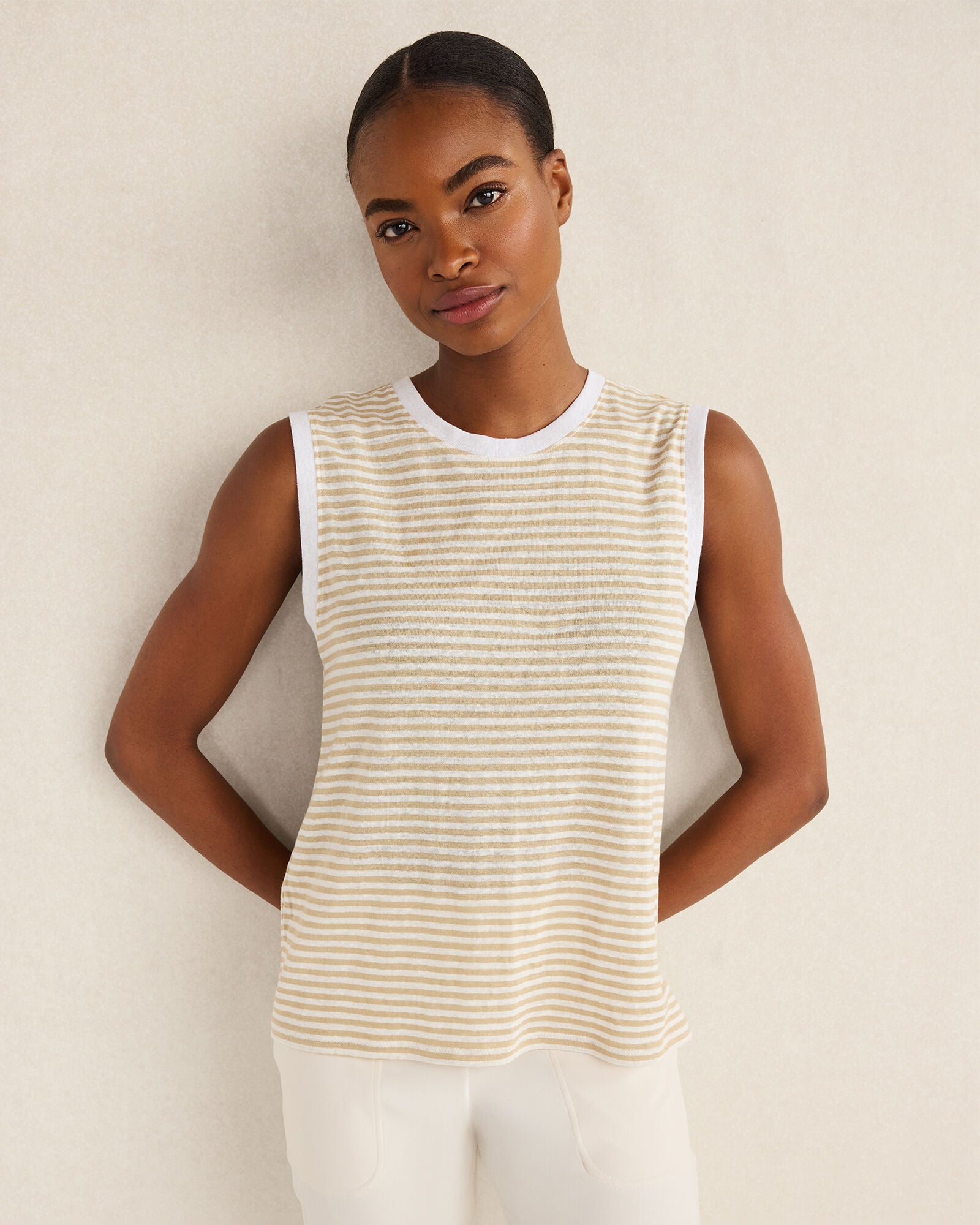 LINEN STRIPE CREWNECK TANK | Talbots outlet