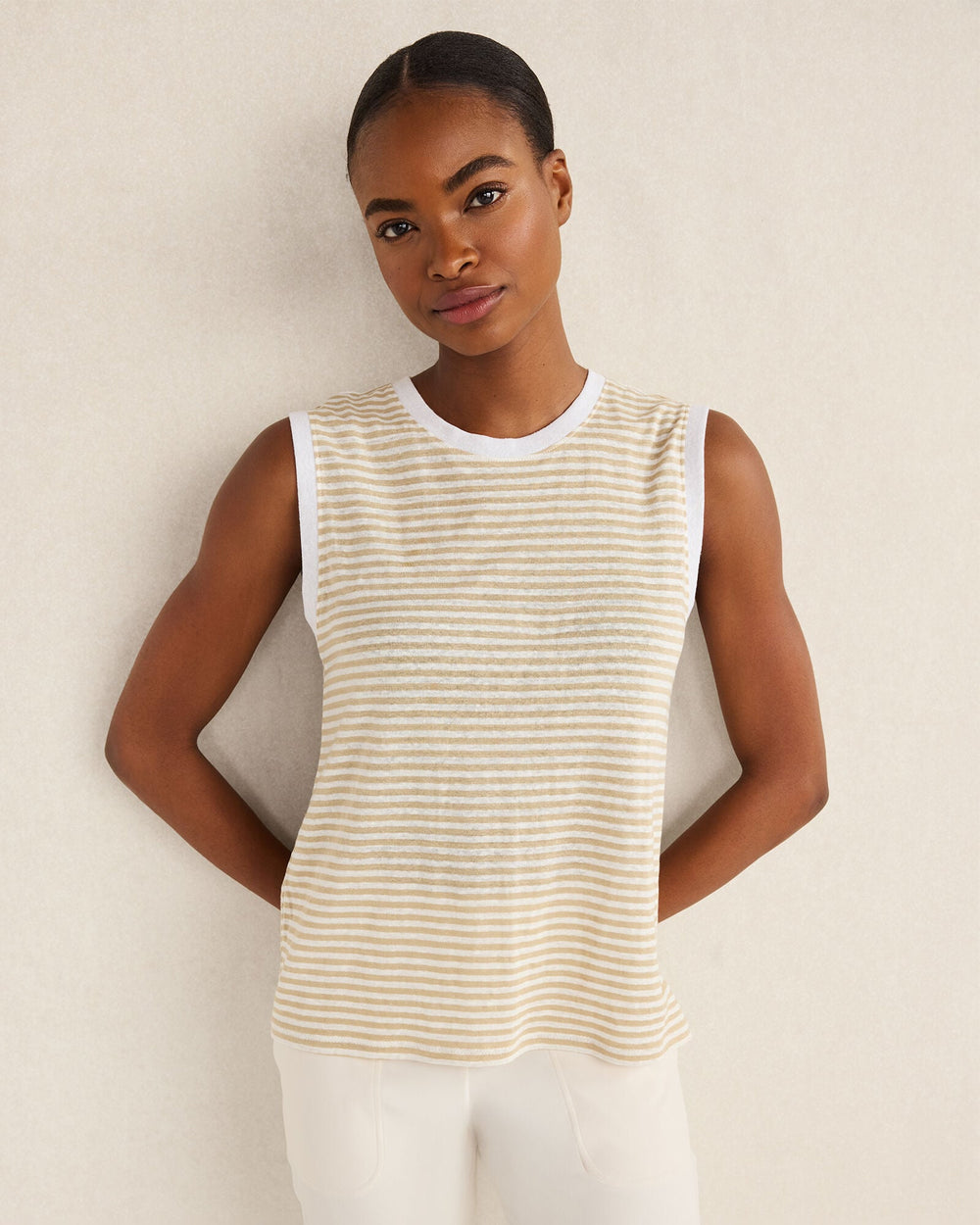 LINEN STRIPE CREWNECK TANK | Talbots outlet