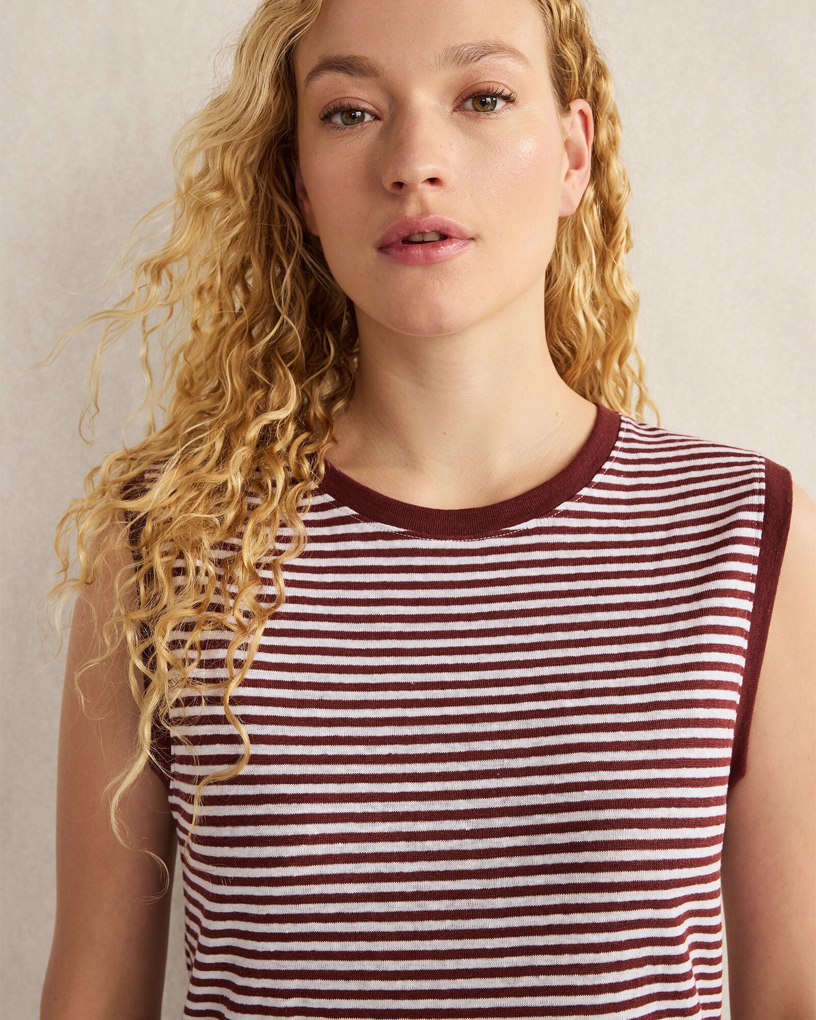 LINEN STRIPE CREWNECK TANK | Talbots outlet