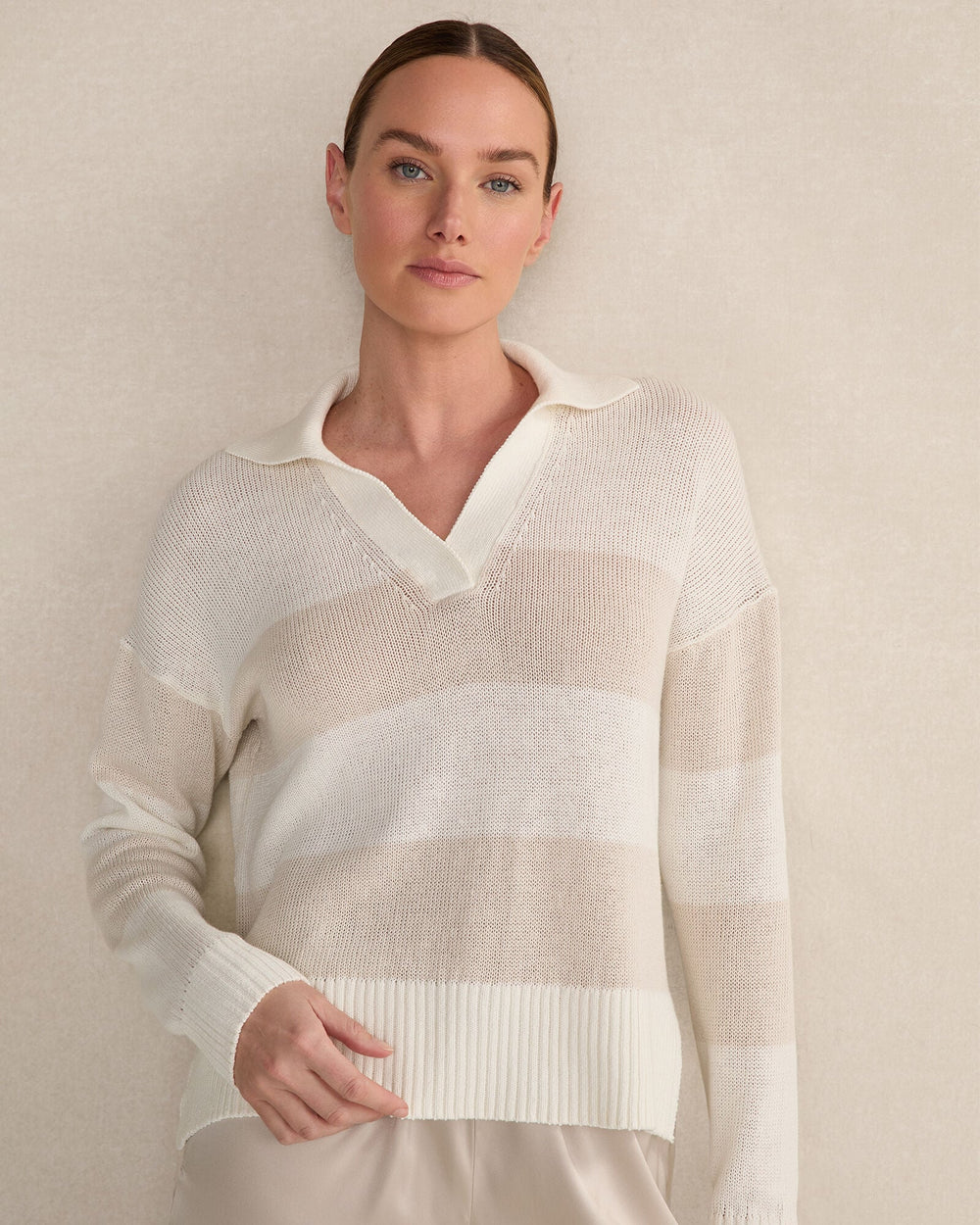 ORGANIC COTTON LINEN STRIPE JOHNNY COLLAR SWEATER | Talbots outlet