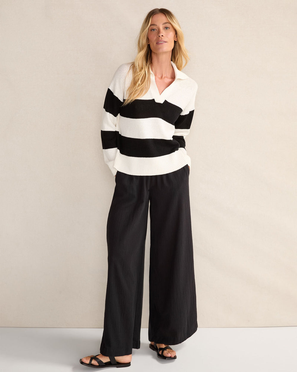 ORGANIC COTTON LINEN STRIPE JOHNNY COLLAR SWEATER | Talbots outlet