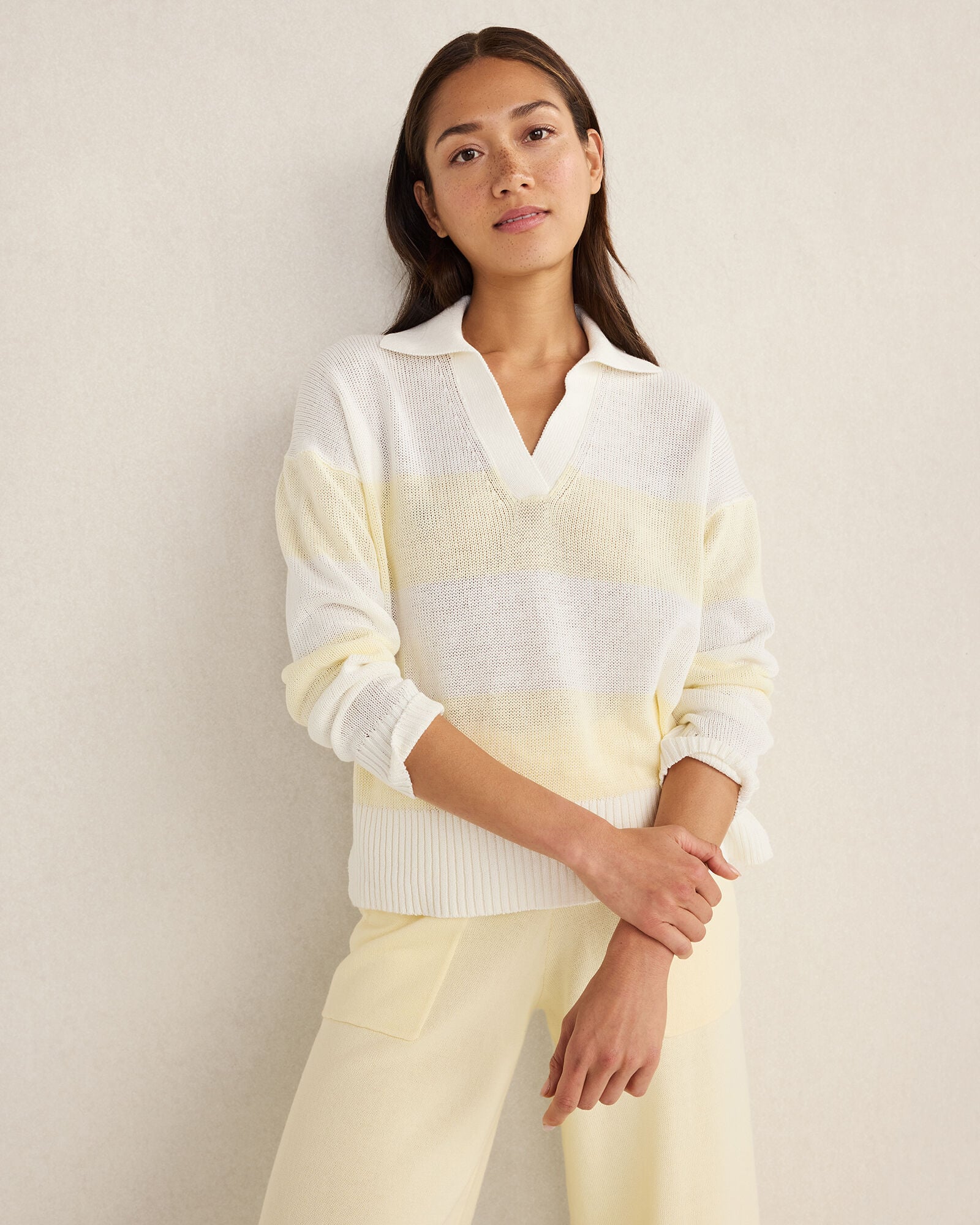ORGANIC COTTON LINEN STRIPE JOHNNY COLLAR SWEATER | Talbots online