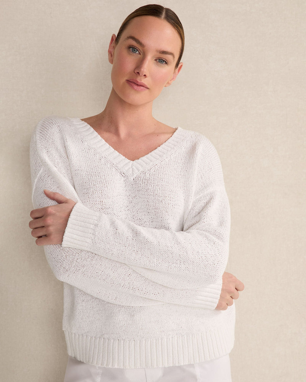 ORGANIC COTTON FLAT TAPE V-NECK SWEATER | Talbots near me