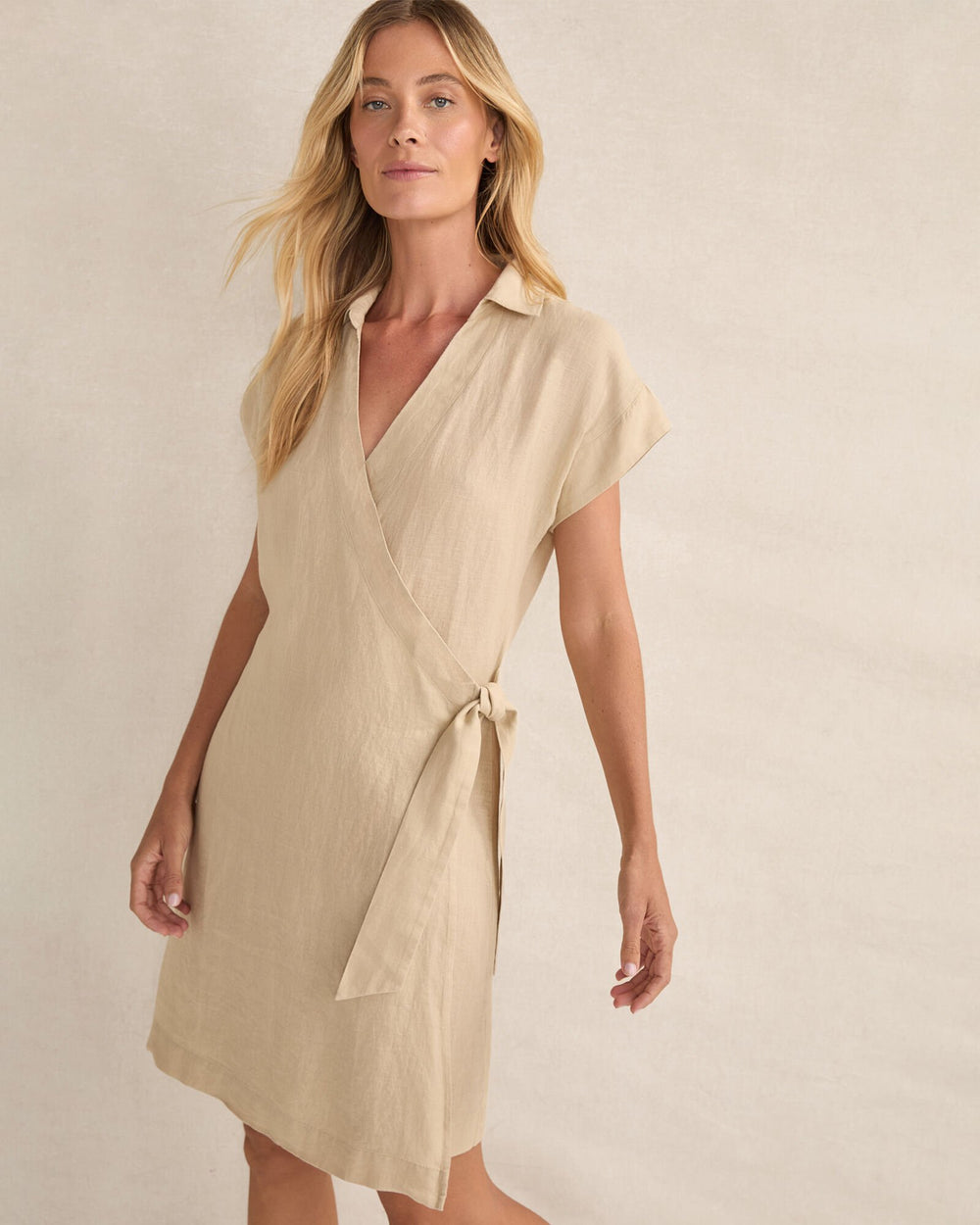 LINEN SHORT SLEEVE WRAP DRESS | Talbots outlet