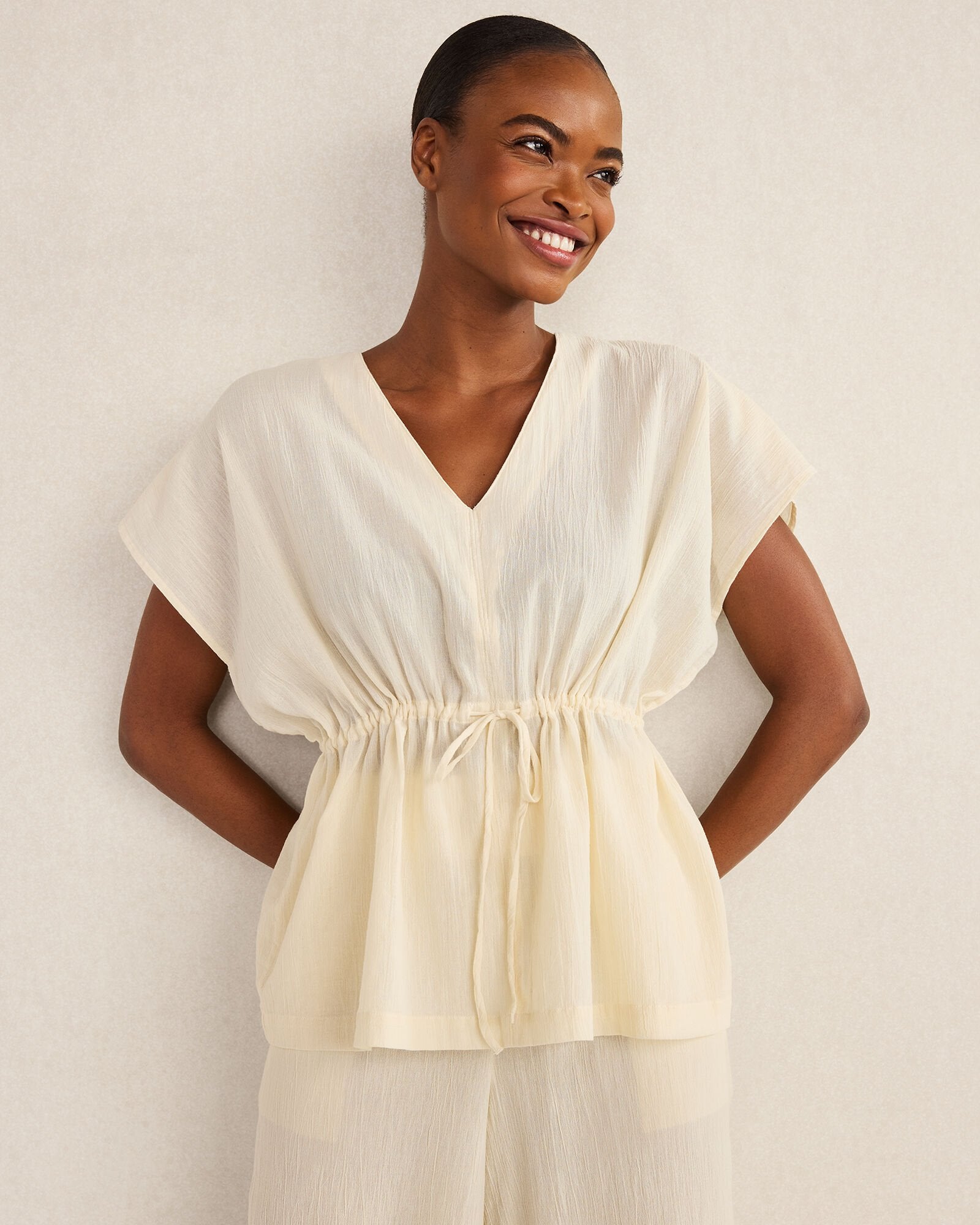 ORGANIC COTTON CRINKLE GAUZE FLUTTER SLEEVE TOP | Talbots on sale