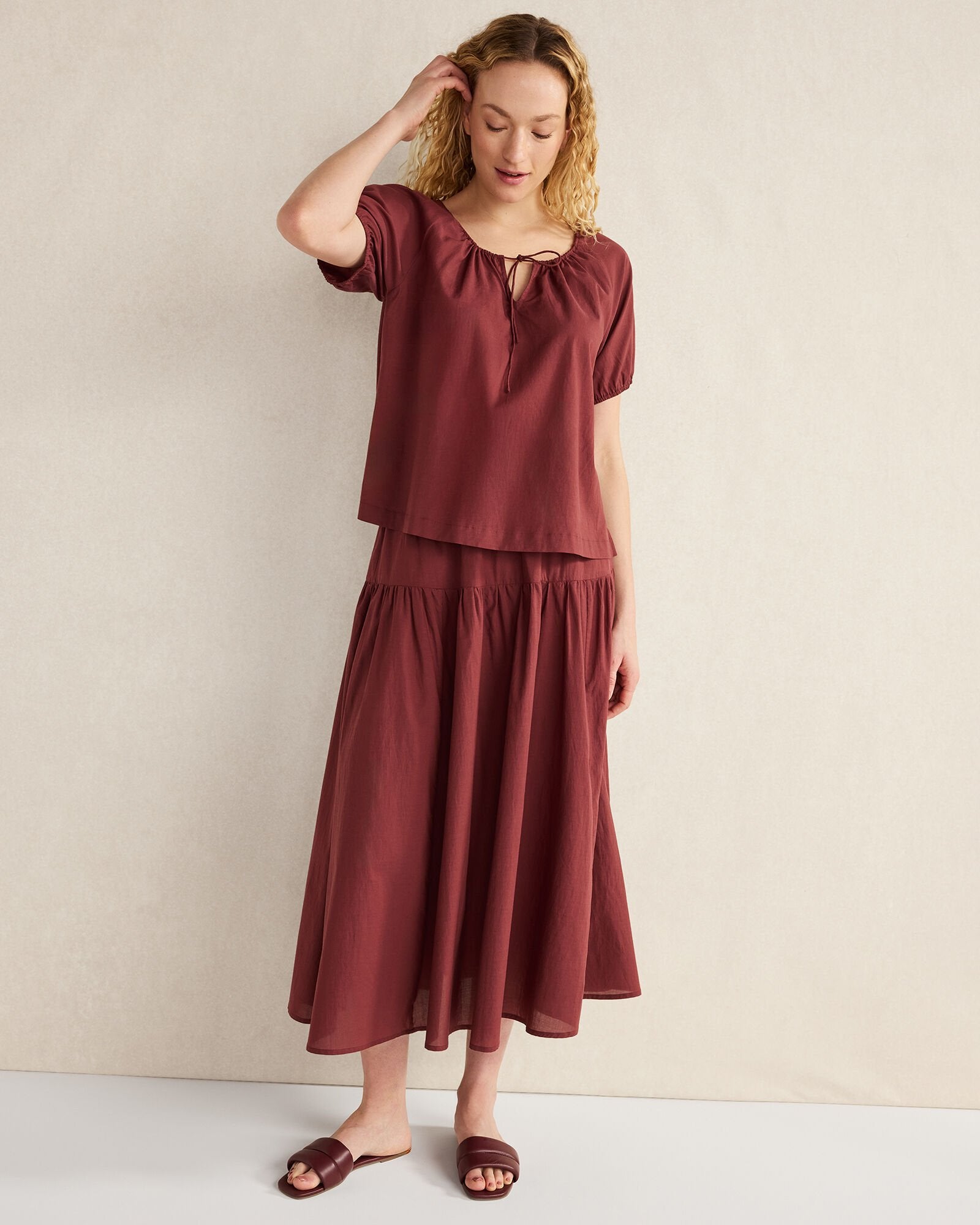 COTTON VOILE BLEND GATHERED SCOOP NECK TOP | Talbots for sale